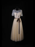 Simple A Line Scoop Neck With Half Sleeves Tulle Lace Bridesmaid Dresses HZ0311