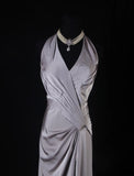 Simple Mermaid V Neck Gray Satin With Pleated Long Bridesmaid Dresses HZ0311