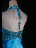 Vintage A line Halter Blue Satin Long Formal Old 1950s Prom Dresses Night Outfits Party Gowns HZ0311