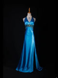 Vintage A line Halter Blue Satin Long Formal Old 1950s Prom Dresses Night Outfits Party Gowns HZ0311