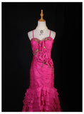 Classy Prom Dresses 1950s Mermaid Spaghetti Straps Chiffon Hot Pink Layered Beaded Long Parties Gowns Evening Dress HZ0311