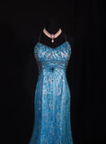 Classy Prom Dresses 1950s Mermaid Spaghetti Straps Blue Tulle Beaded Long Parties Gowns Evening Dress HZ0311