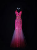 Shinning Mermaid Spaghetti Straps Hot Pink Backless Beaded Bodice Long Prom Dresses Impress 18th Birthday Outfits Prom Gown HZ0311