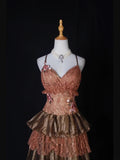 Retro Ball Gown Spaghetti Straps Pink Brown Short 16th Birthday Dress Homecoming Dresses Cocktail Gown HZ0311