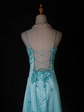 Vintage Mermaid Spaghetti Straps Satin With Beads Bodice Tiffany Blue Long Prom Dresses Impress 18th Birthday Outfits Prom Gown HZ0311