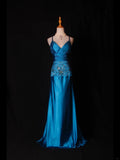 Vintage A Line Spaghetti Straps Blue Satin Sequins With Beaded Bodice Long Prom Dresses Impress 18th Birthday Outfits Prom Gown HZ0311