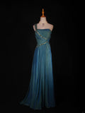 Retro A line One Shoulder Chiffon Blue With Beads Bodice Long Prom Dresses Impress 18th Birthday Outfit Formal Gown HZ0311