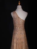 Retro 90s A line One Shoulder Champagne Tulle With Beads Bodice Long Prom Dresses Inspo 18th Birthday Outfit Formal Gown HZ0311
