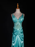 Vintage Mermaid Spaghetti Straps Tiffany Blue Satin Slit 1950s With Beads Bodice Long Prom Dresses Impress 18th Birthday Outfit Formal Gown HZ0311
