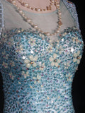 Vintage Mermaid 80s Boat Blue Tulle With Beads Long Prom Dresses Impress 20th Birthday Outfit Formal Gowns HZ0311