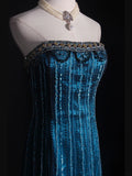 Retro 1950s Mermaid Strapless Blue Chiffon With Gem Beads Bodice Long Prom Dresses Inspo 22th Birthday Outfit Formal Gown HZ0311