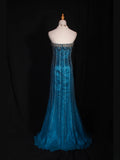 Retro 1950s Mermaid Strapless Blue Chiffon With Gem Beads Bodice Long Prom Dresses Inspo 22th Birthday Outfit Formal Gown HZ0311