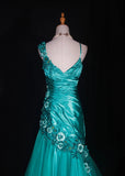 Vintage Mermaid 90s Spaghetti Straps Blue Satin Flowers With Beads Long Prom Dresses Inspo 20th Birthday Outfit Formal Gowns HZ0311