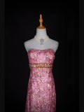 Vintage Mermaid 80s Strapless Pink Sequins With Gold Beads Long Prom Dresses Inspo 20th Birthday Outfit Formal Gowns HZ0311