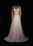 Retro 80s A line Scoop Neck Long Sleeves Blush Pink Chiffon With Beads Prom Dresses Inspo 22th Birthday Outfit Formal Gown HZ0311
