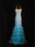 Vintage Mermaid 80s Sweethart Blue Beads With Gold Beaded Long Prom Dresses Inspo 20th Birthday Outfit Formal Gowns HZ0311