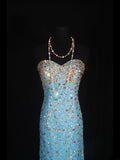 Vintage Mermaid 80s Sweethart Blue Beads With Gold Beaded Long Prom Dresses Inspo 20th Birthday Outfit Formal Gowns HZ0311