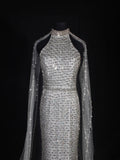 Vintage Mermaid 80s High Neck Silver Beads With Beaded Cape Long Prom Dresses Inspo 20th Birthday Outfit Formal Gowns HZ0311