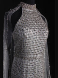 Vintage Mermaid 80s High Neck Silver Beads With Beaded Cape Long Prom Dresses Inspo 20th Birthday Outfit Formal Gowns HZ0311