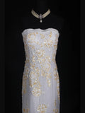 Vintage Mermaid Strapless White 1970s With Appliqued Beads Bodice Long Prom Dresses Inspo 16th Birthday Outfit Formal Gown HZ0311