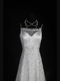 Retro 1950s Wedding Dresses for Bride A line Spagehtti Straps With Silver Beads Lace Petite/Plus Size Bridal Gowns Civil Wedding for Beach Wedding HZ0311