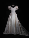 Retro 1950s Wedding Dresses for Bride Ball Gown V Neck With Beads Sleeves Lace Petite/Plus Size Bridal Gowns Civil Wedding for Summer Wedding HZ0311