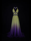 Vintage A line 80s Halter Ombre Yellow Grape Beads Chiffon With Beaded Ruffled Long Prom Dresses Inspo Birthday Outfit Formal Gowns HZ0311