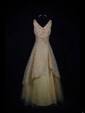 Vintage Ball Gown 80s V Neck Tulle Beads Lace With Beaded Long Prom Dresses Inspo Birthday Outfit Formal Gowns HZ0311