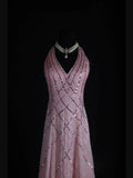 Retro 60s A Line V Neck Rose Pink Chiffon With Beads Long Prom Dresses Inspo 22th Birthday Outfit Formal Gown HZ0311