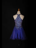 Vintage A line Halter Royal Blue Tulle With Gold Beads Short 18th Birthday Dress Homecoming Dresses Cocktail Gown HZ0311
