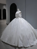 Vintage Long Wedding Gowns Princess Ball Gown Off The Shoulder Style for Bride With Sleeves Pleated Appliques Train White Bridal Dress HZ0311