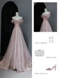 Modest Prom Dresses Aesthetic A Line Off The Shoulder Pink Tulle Inspiration Style Impress With Sleeves Long Party Formal Gown HZ0311