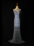 Retro 1950s Mermaid Sweetheart Blue Tulle With Beads Long Prom Dresses Inspo 22th Birthday Outfit Formal Gown HZ0311