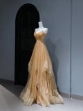 Modest Prom Dresses Aesthetic A Line Spaghetti Straps Gold Tulle Inspiration Style Impress With Pleated Long Party Formal Gown HZ0311