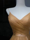 Modest Prom Dresses Aesthetic A Line Spaghetti Straps Gold Tulle Inspiration Style Impress With Pleated Long Party Formal Gown HZ0311