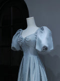 Modest Prom Dresses Aesthetic A Line Sweetheart Light Sky Blue Satin Inspiration Style Impress With Puffy Sleeves Pearls Long Party Formal Gown HZ0311