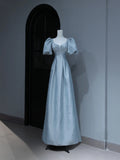 Modest Prom Dresses Aesthetic A Line Sweetheart Light Sky Blue Satin Inspiration Style Impress With Puffy Sleeves Pearls Long Party Formal Gown HZ0311