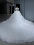Princess Long Wedding Gowns Ball Gown Scoop Style for Bride With Lace Appliques Long Sleeves Train White Bridal Dresses HZ0311