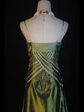 Retro 60s A line Spaghetti Straps Olive Green Satin With Ruffled Beads Slit Long Prom Dresses Inspo 22th Birthday Outfit Formal Gown HZ0311
