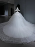 Princess Long Wedding Gowns Ball Gown Off The Shoulder Style for Bride With Short Sleeves Train White Bridal Dresses HZ0311