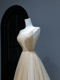 Modest Prom Dresses Aesthetic A Line Spaghetti Straps Gold Tulle Inspiration Style Impress Corset Fitted Long Party Formal Gown HZ0311