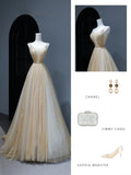 Modest Prom Dresses Aesthetic A Line Spaghetti Straps Gold Tulle Inspiration Style Impress Corset Fitted Long Party Formal Gown HZ0311