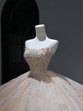 Princess Long Wedding Dress Ball Gown Strapless Blush Pink Style for Bride With Beaded Sequin Bodice Train Bridal Dresses HZ0311
