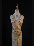 Retro 60s High Low V Neck Champagne Chiffon With Beads Long Prom Dresses Inspo 22th Birthday Outfit Formal Gown HZ0311