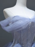 Modest Prom Dresses Aesthetic Ball Gown Off The Shoulder Lilac Tulle Inspiration Style Impress With Sleeves Beaded Long Party Formal Gown HZ0311