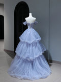 Modest Prom Dresses Aesthetic Ball Gown Off The Shoulder Lilac Tulle Inspiration Style Impress With Sleeves Beaded Long Party Formal Gown HZ0311