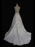 Women's Elegant Sheer V Neck Vintage Tulle Satin Wedding Dress for Bride Sweep Train Wedding Dresses HZ0311