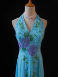 Vintage A Line Halter Chiffon Blue 1950s With Beaded Bodice Long Prom Dresses Inspo Birthday Outfit Formal Gown HZ0311