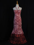 Retro 1950s Mermaid Halter Burgundy Taffeta With Beads Cape Tiered Long Prom Dresses Inspo 21st Birthday Outfit Formal Gown HZ0311
