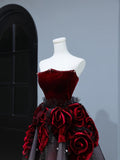 Modest Prom Dresses Aesthetic Ball Gown Strapless Burgundy Tulle Inspiration Style Impress With Flowers Long Party Formal Gown HZ0311